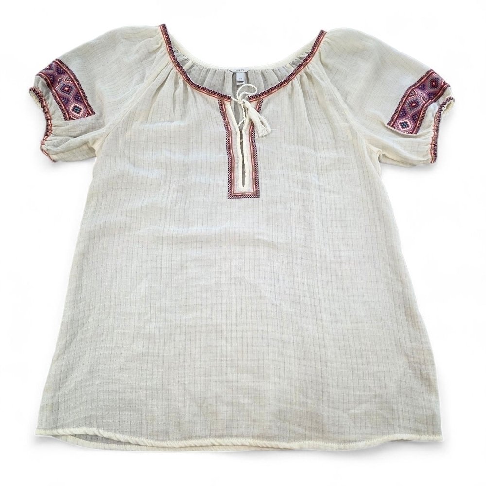 J.Crew Peasant Top Womens XS Cream Embroidered Boho Blouse Gauze Cotton Tunic